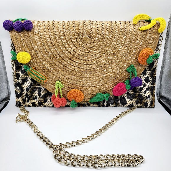 Betsey Johnson Handbags - Betsey Johnson Mixed Fruit & Leopard Animal Print Rattan Straw Shoulder Bag